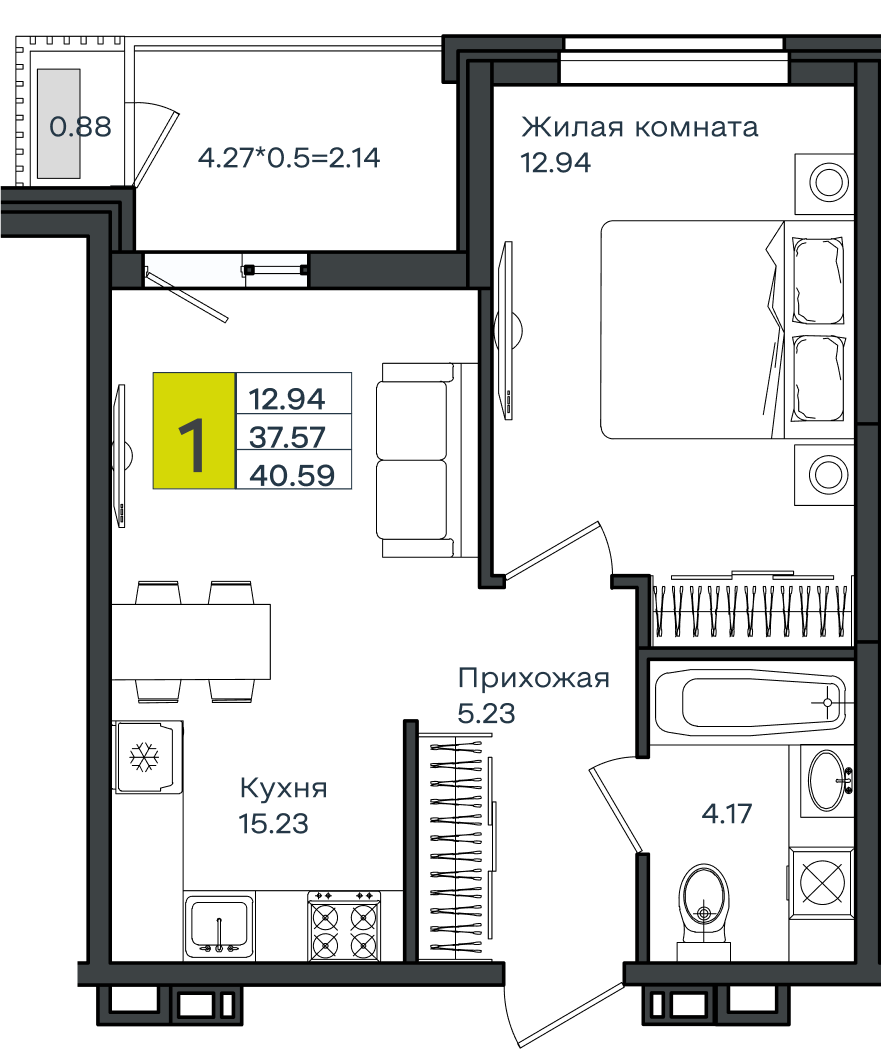 1 комн., 40.59