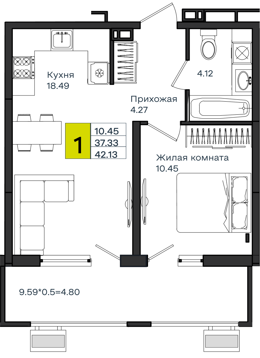 1 комн., 42.13