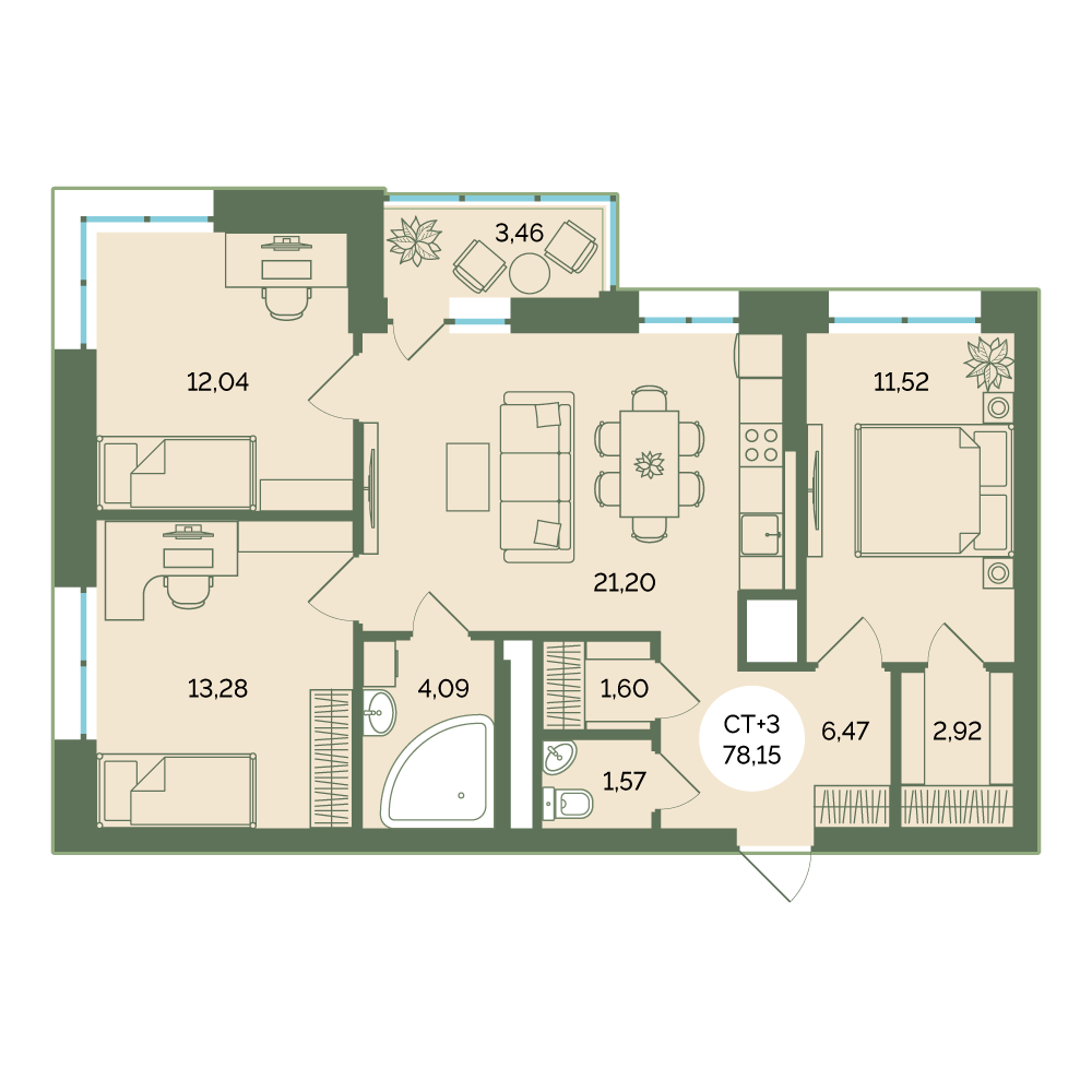 2D планировка трёшки